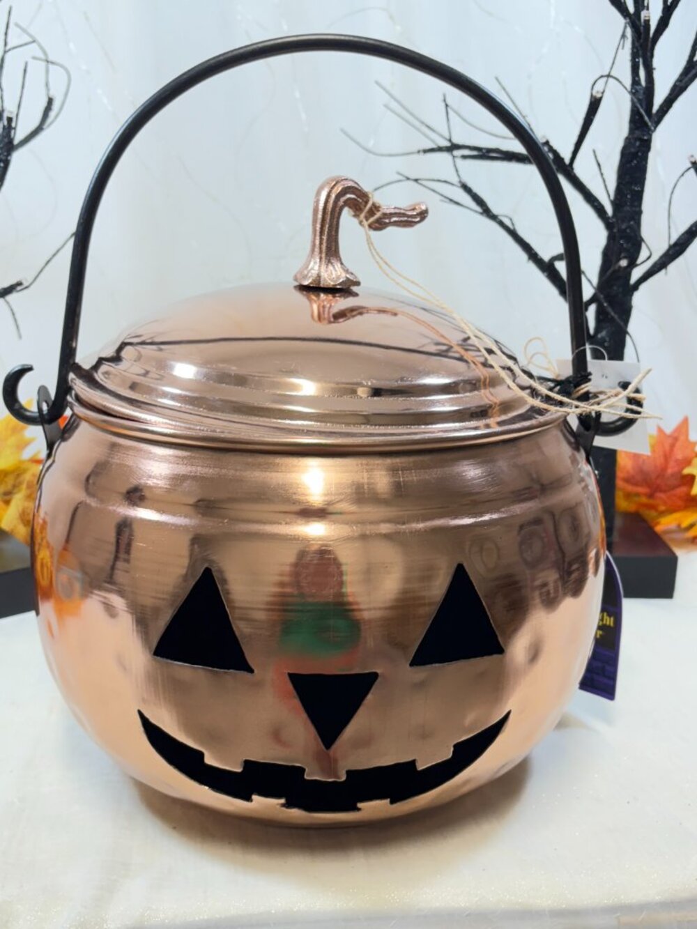 Halloween Jack O’Lantern Lidded Copper Finished Candy Holder Pot 13" New